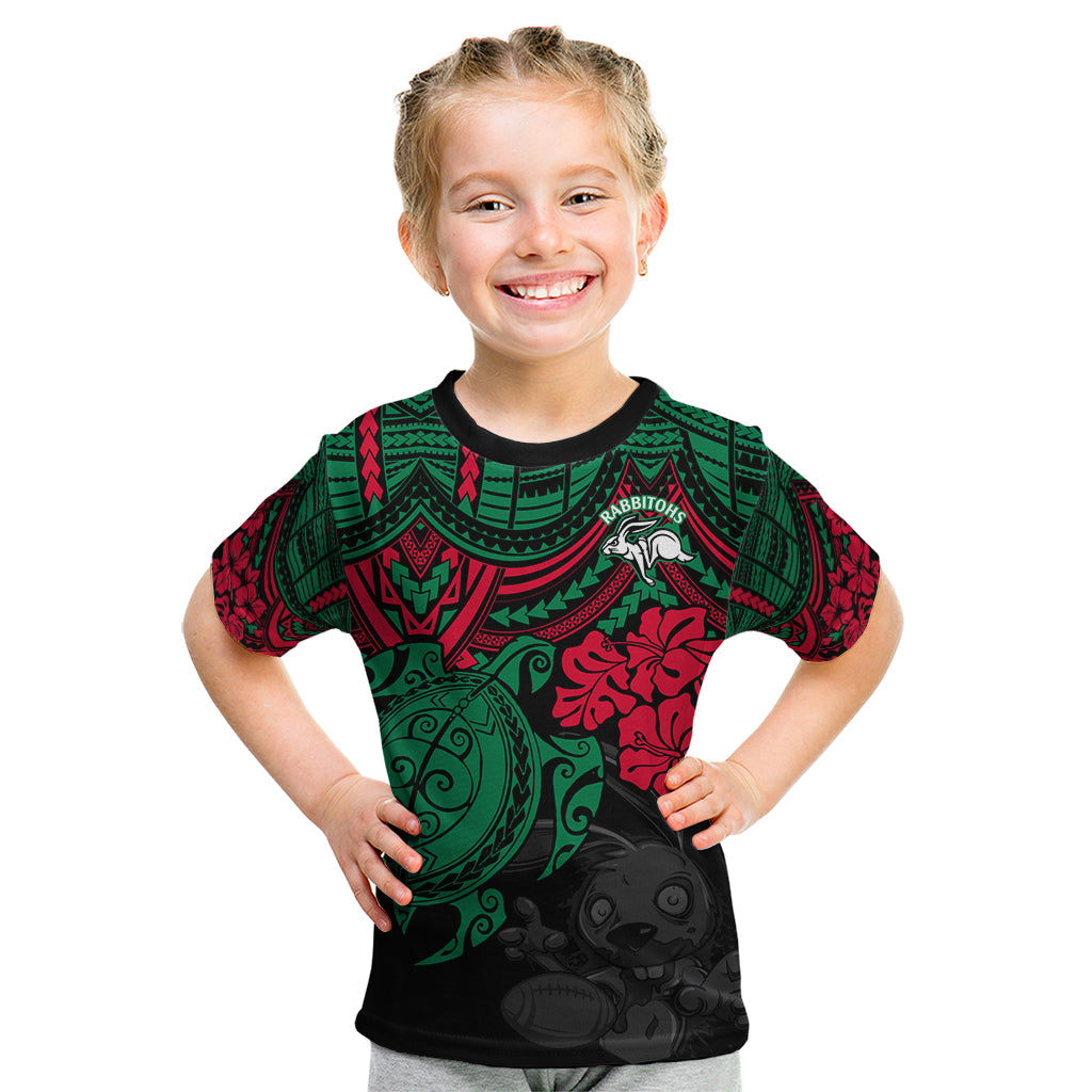 custom-rabbitohs-rugby-kid-t-shirt-bunnies-hibiscus-and-turtle-with-polynesian-pattern