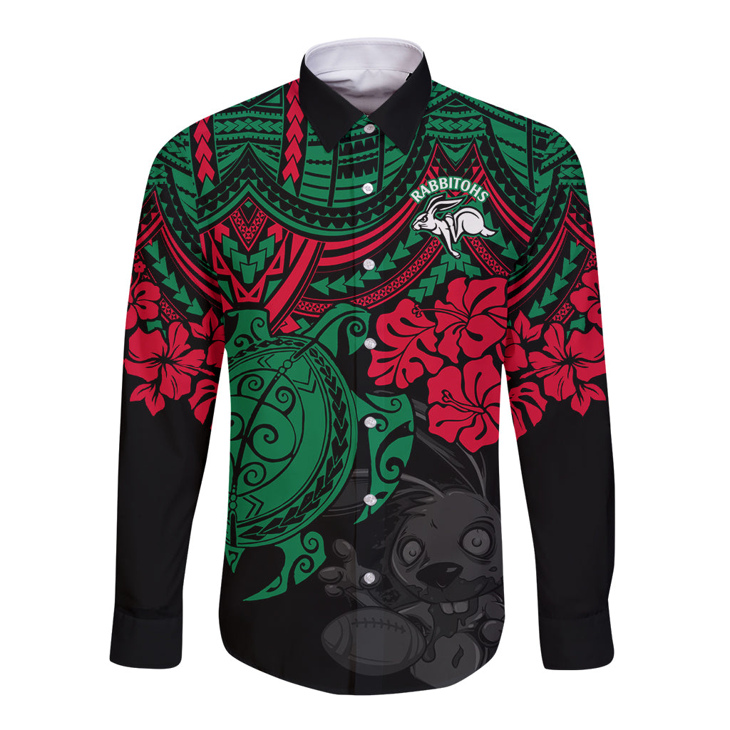 custom-rabbitohs-rugby-long-sleeve-button-shirt-bunnies-hibiscus-and-turtle-with-polynesian-pattern