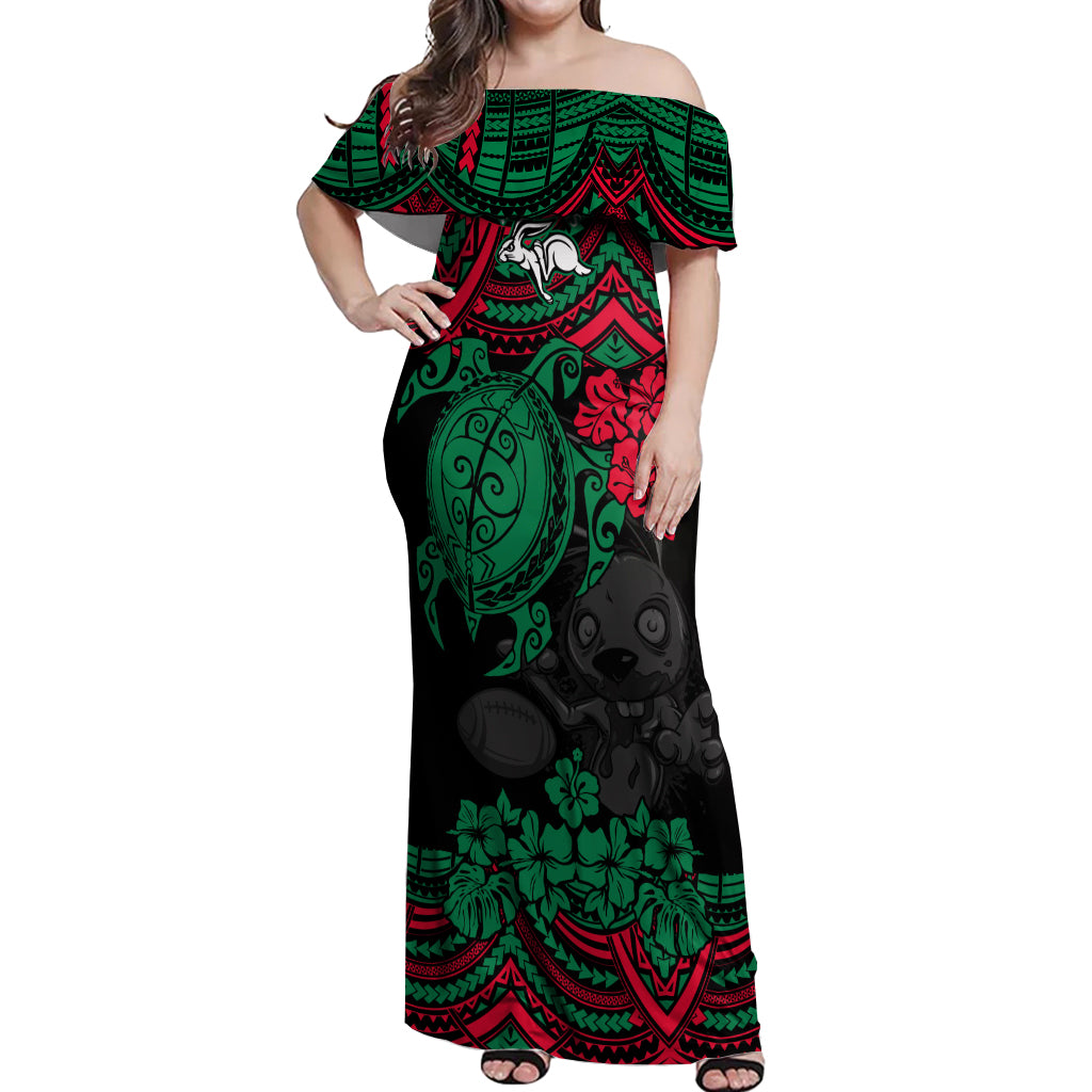 custom-rabbitohs-rugby-off-shoulder-maxi-dress-bunnies-hibiscus-and-turtle-with-polynesian-pattern