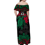 custom-rabbitohs-rugby-off-shoulder-maxi-dress-bunnies-hibiscus-and-turtle-with-polynesian-pattern