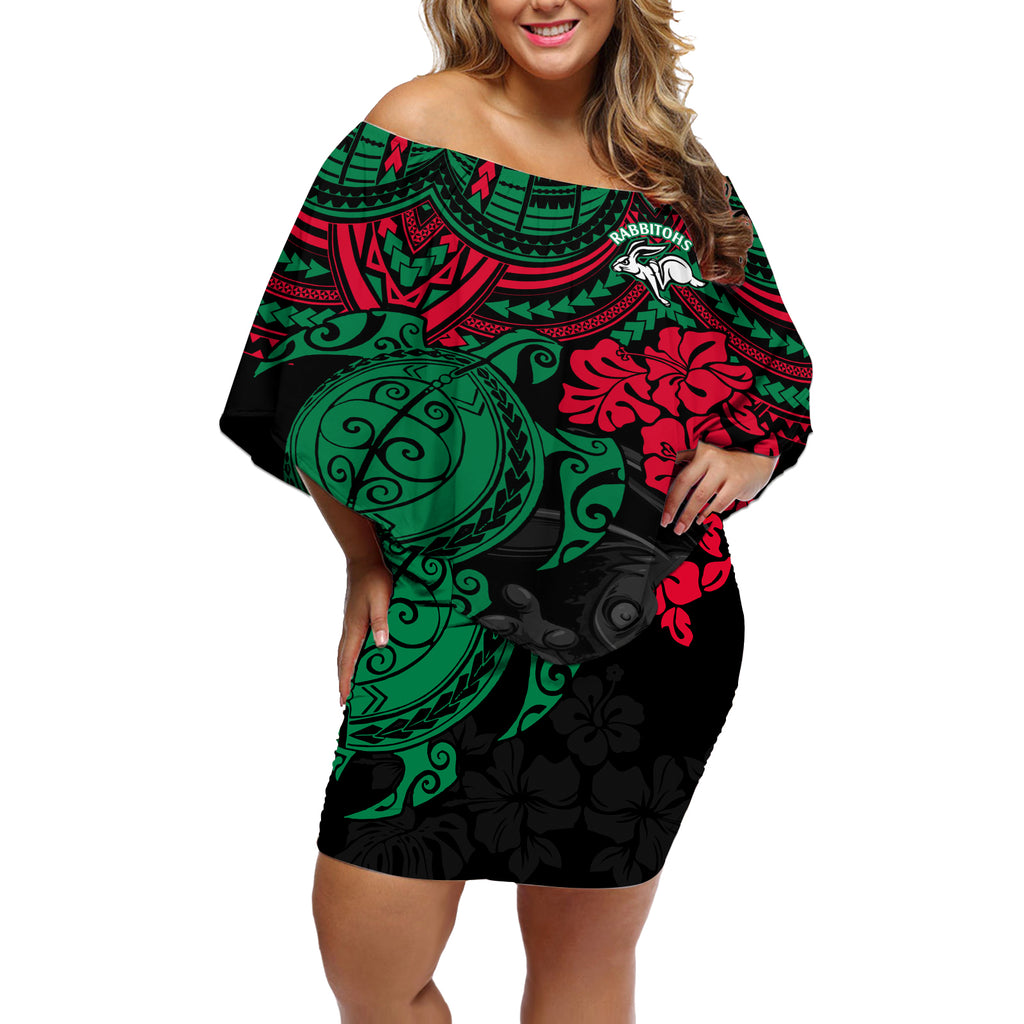 custom-rabbitohs-rugby-off-shoulder-short-dress-bunnies-hibiscus-and-turtle-with-polynesian-pattern