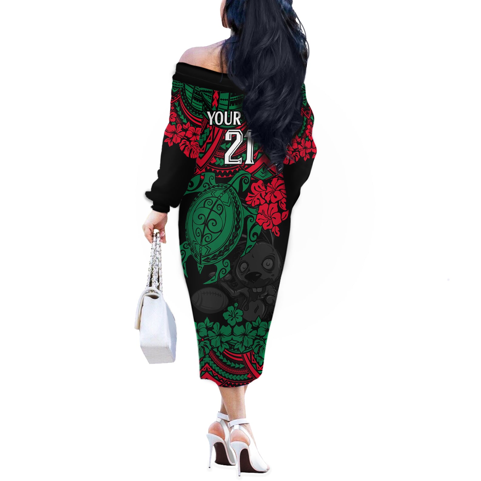 custom-rabbitohs-rugby-off-the-shoulder-long-sleeve-dress-bunnies-hibiscus-and-turtle-with-polynesian-pattern