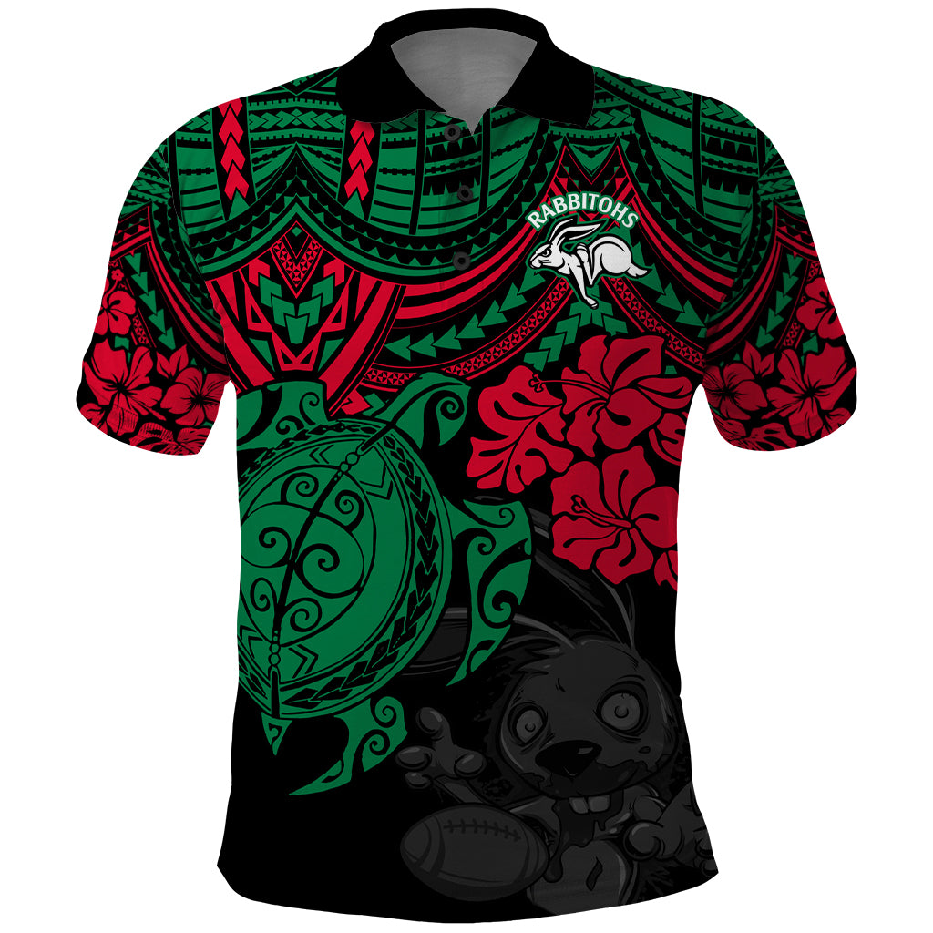 custom-rabbitohs-rugby-polo-shirt-bunnies-hibiscus-and-turtle-with-polynesian-pattern
