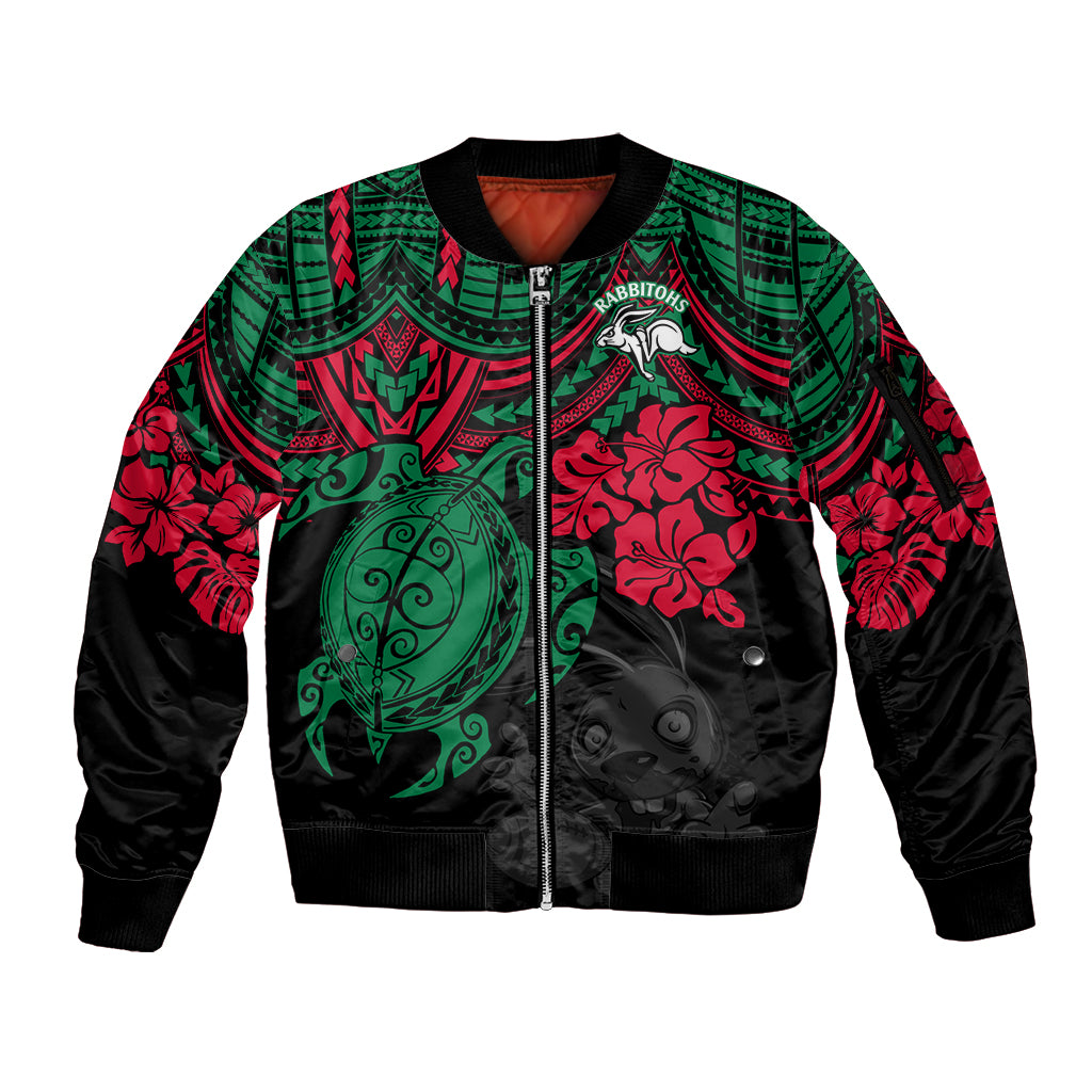 custom-rabbitohs-rugby-sleeve-zip-bomber-jacket-bunnies-hibiscus-and-turtle-with-polynesian-pattern