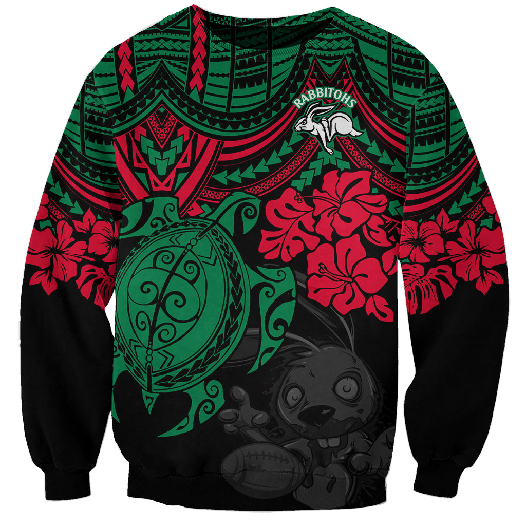custom-rabbitohs-rugby-sweatshirt-bunnies-hibiscus-and-turtle-with-polynesian-pattern