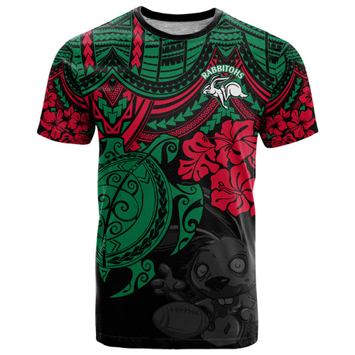 custom-rabbitohs-rugby-t-shirt-bunnies-hibiscus-and-turtle-with-polynesian-pattern