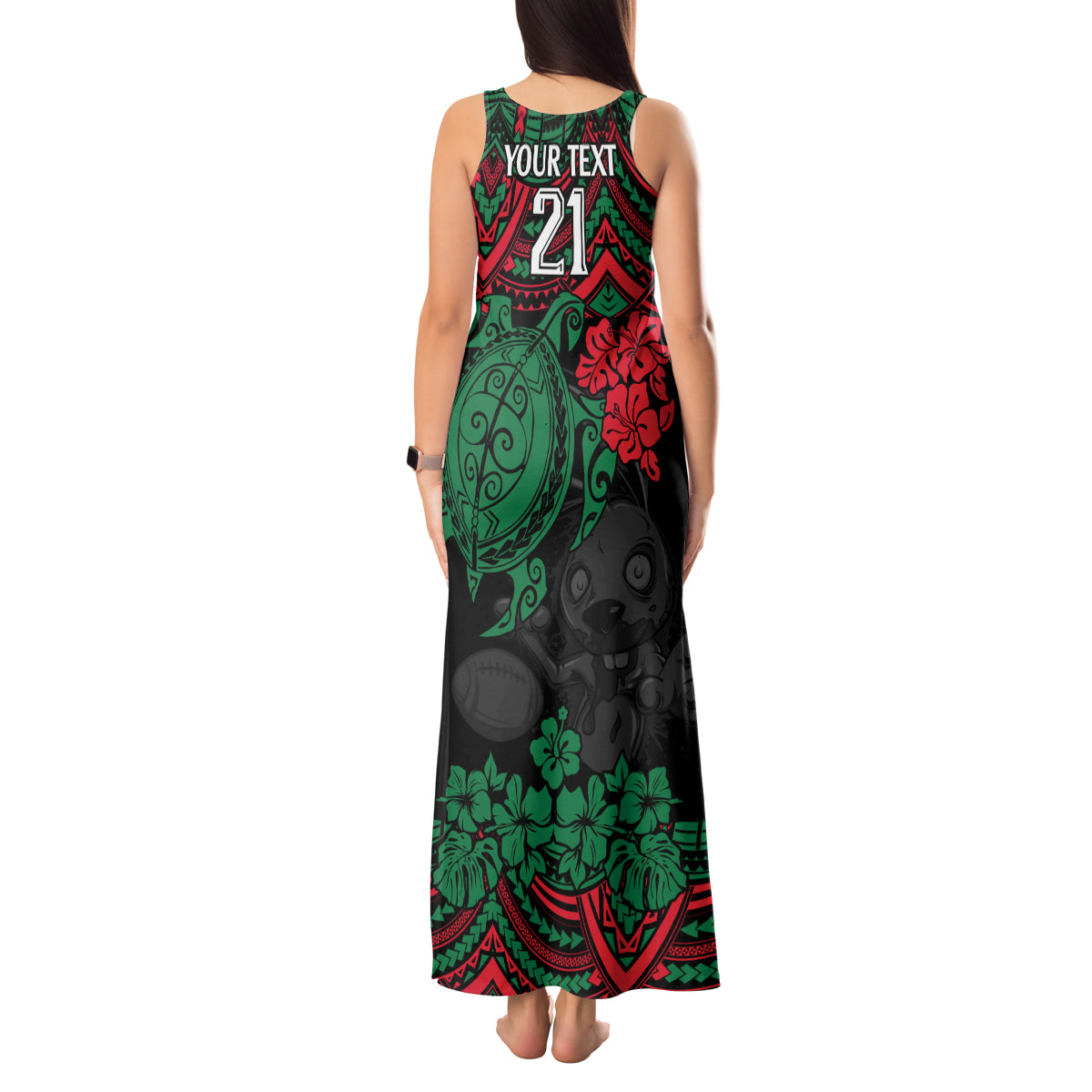 custom-rabbitohs-rugby-tank-maxi-dress-bunnies-hibiscus-and-turtle-with-polynesian-pattern