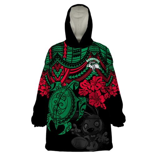 custom-rabbitohs-rugby-wearable-blanket-hoodie-bunnies-hibiscus-and-turtle-with-polynesian-pattern