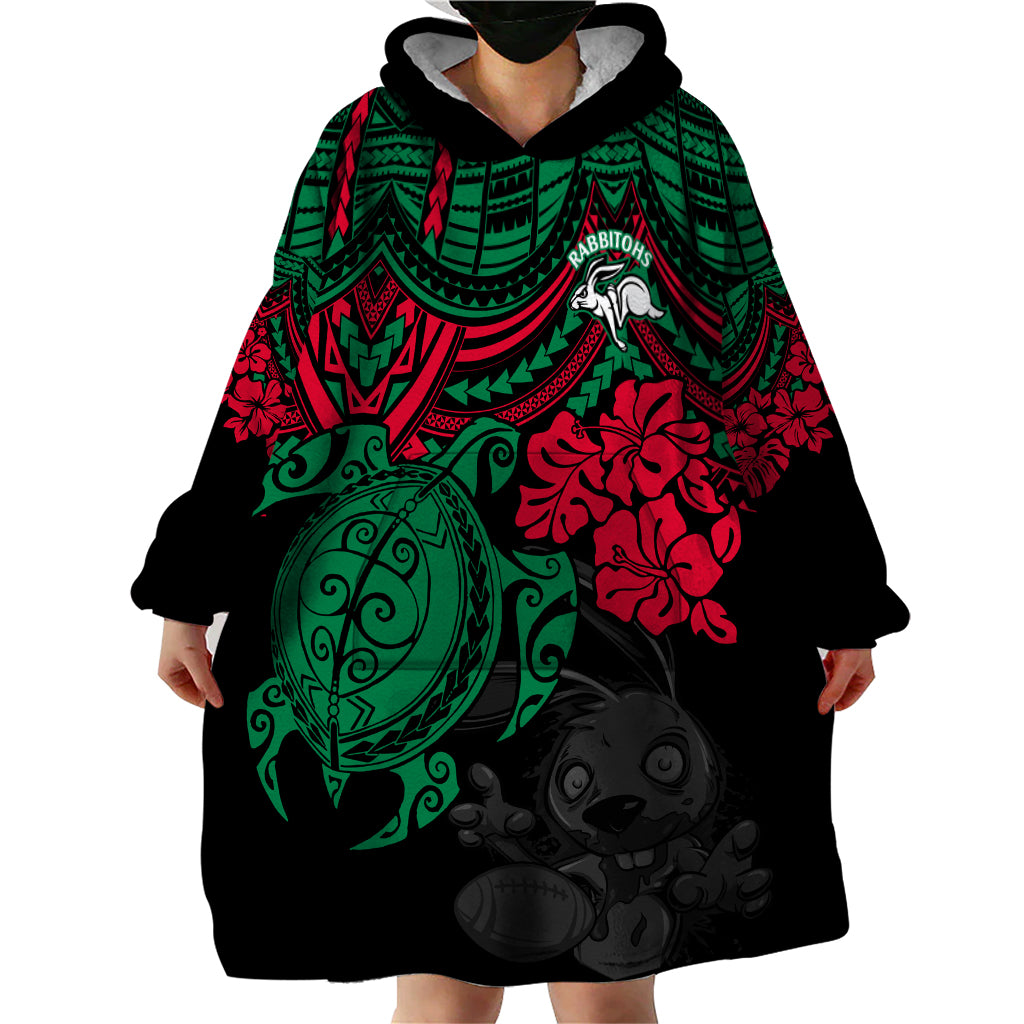 custom-rabbitohs-rugby-wearable-blanket-hoodie-bunnies-hibiscus-and-turtle-with-polynesian-pattern