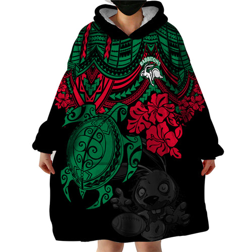 custom-rabbitohs-rugby-wearable-blanket-hoodie-bunnies-hibiscus-and-turtle-with-polynesian-pattern