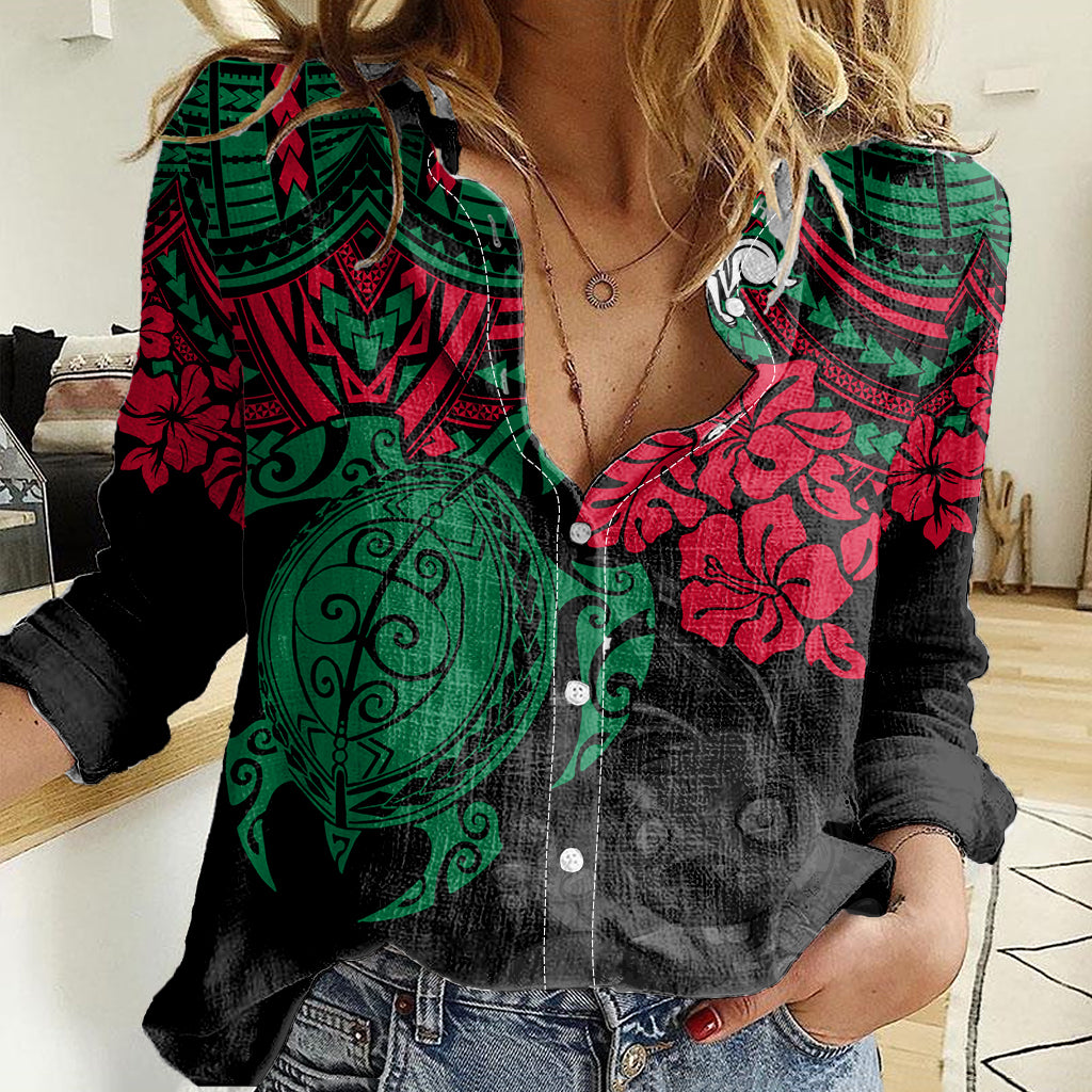 custom-rabbitohs-rugby-women-casual-shirt-bunnies-hibiscus-and-turtle-with-polynesian-pattern