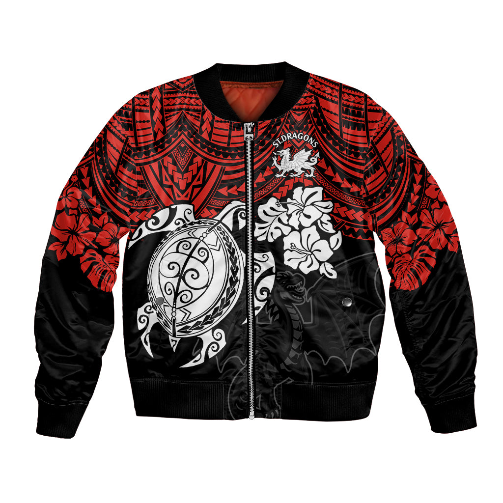 custom-dragons-rugby-bomber-jacket-red-v-hibiscus-and-turtle-with-polynesian-pattern