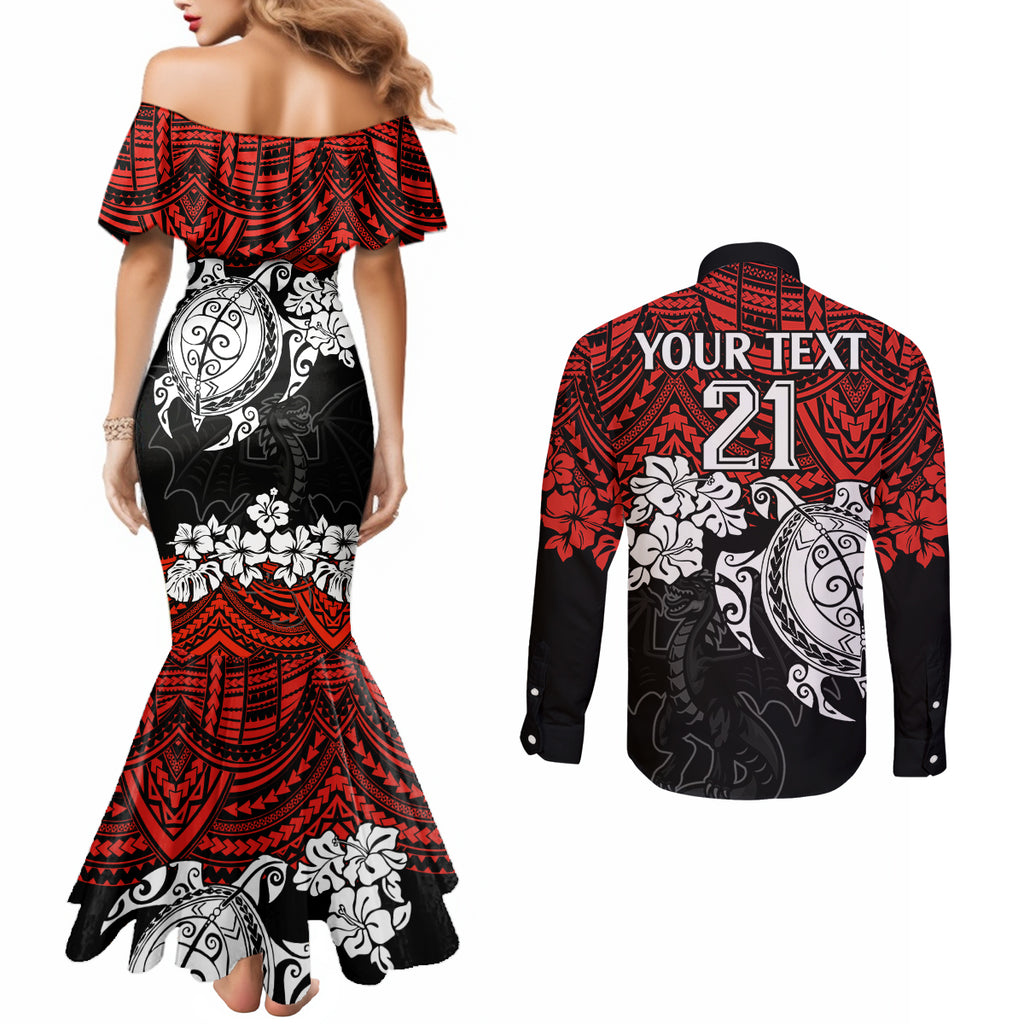 custom-dragons-rugby-couples-matching-mermaid-dress-and-long-sleeve-button-shirt-red-v-hibiscus-and-turtle-with-polynesian-pattern