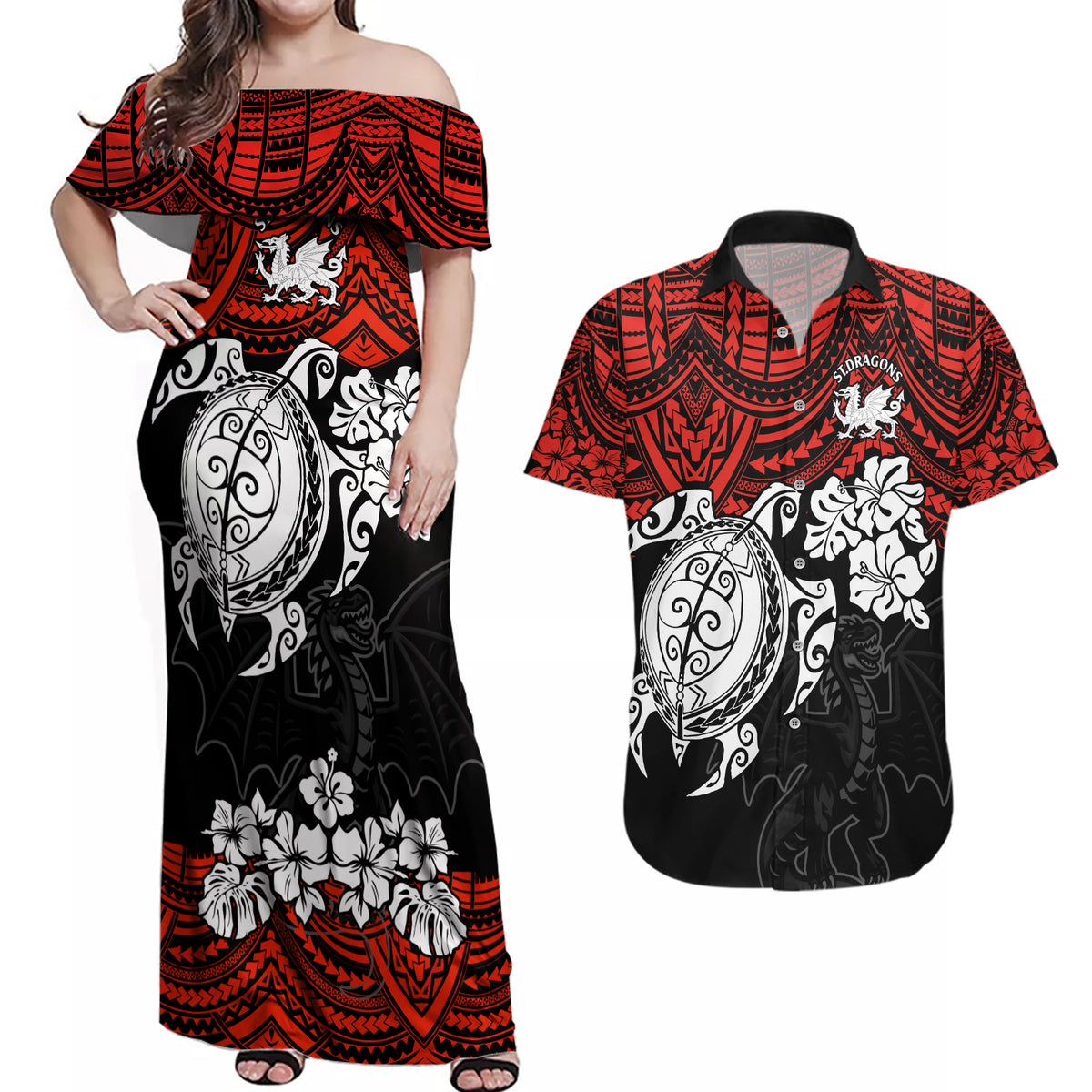 custom-dragons-rugby-couples-matching-off-shoulder-maxi-dress-and-hawaiian-shirt-red-v-hibiscus-and-turtle-with-polynesian-pattern