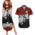 custom-dragons-rugby-couples-matching-summer-maxi-dress-and-hawaiian-shirt-red-v-hibiscus-and-turtle-with-polynesian-pattern