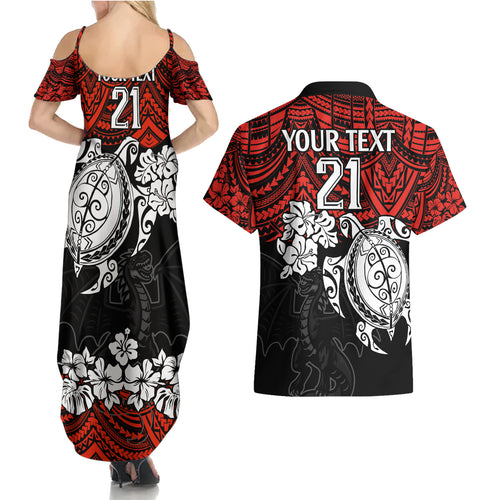 custom-dragons-rugby-couples-matching-summer-maxi-dress-and-hawaiian-shirt-red-v-hibiscus-and-turtle-with-polynesian-pattern
