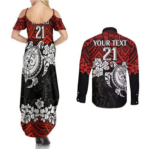 custom-dragons-rugby-couples-matching-summer-maxi-dress-and-long-sleeve-button-shirt-red-v-hibiscus-and-turtle-with-polynesian-pattern