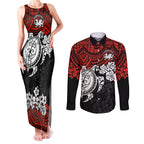 custom-dragons-rugby-couples-matching-tank-maxi-dress-and-long-sleeve-button-shirt-red-v-hibiscus-and-turtle-with-polynesian-pattern