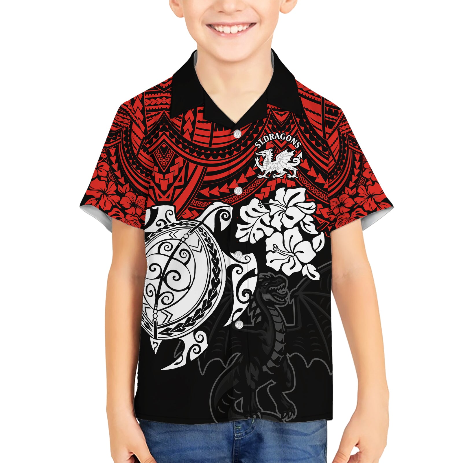 custom-dragons-rugby-hawaiian-shirt-red-v-hibiscus-and-turtle-with-polynesian-pattern