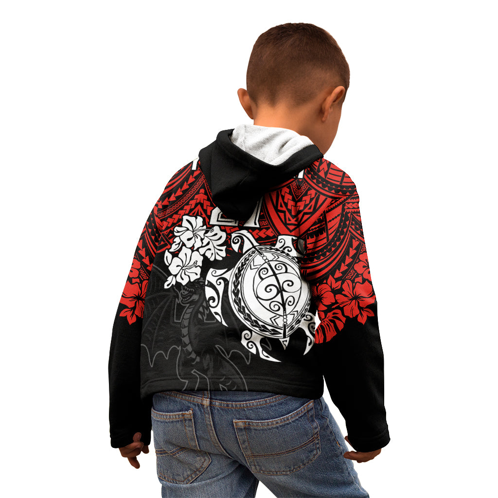custom-dragons-rugby-kid-hoodie-red-v-hibiscus-and-turtle-with-polynesian-pattern