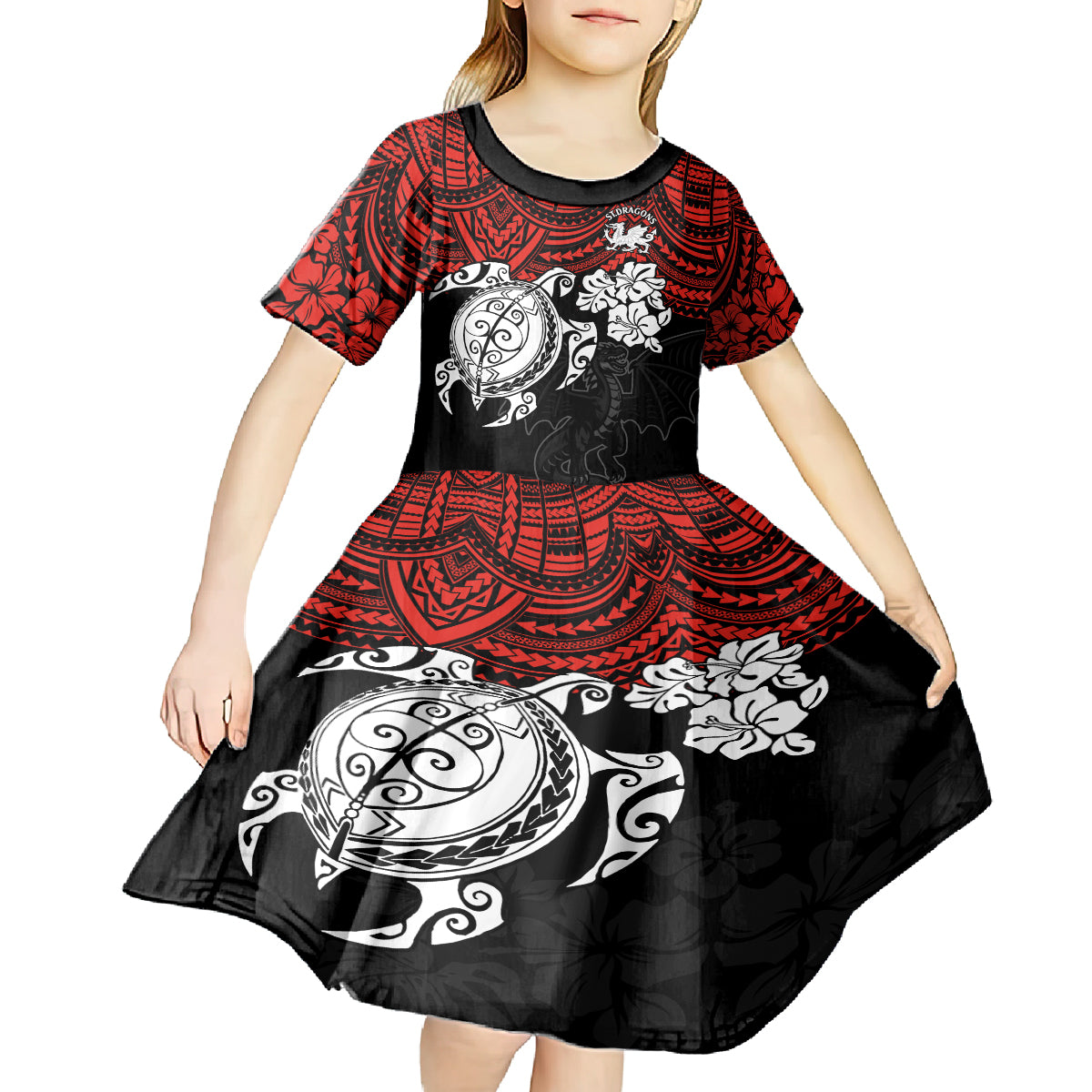 custom-dragons-rugby-kid-short-sleeve-dress-red-v-hibiscus-and-turtle-with-polynesian-pattern
