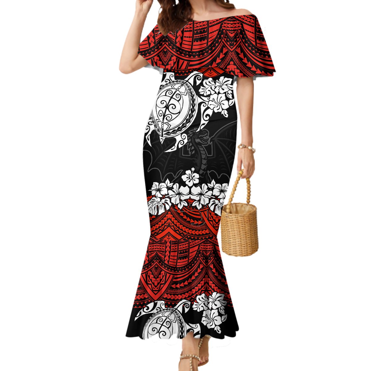 custom-dragons-rugby-mermaid-dress-red-v-hibiscus-and-turtle-with-polynesian-pattern