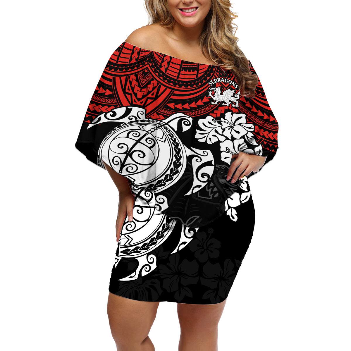 custom-dragons-rugby-off-shoulder-short-dress-red-v-hibiscus-and-turtle-with-polynesian-pattern