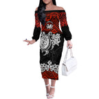 custom-dragons-rugby-off-the-shoulder-long-sleeve-dress-red-v-hibiscus-and-turtle-with-polynesian-pattern