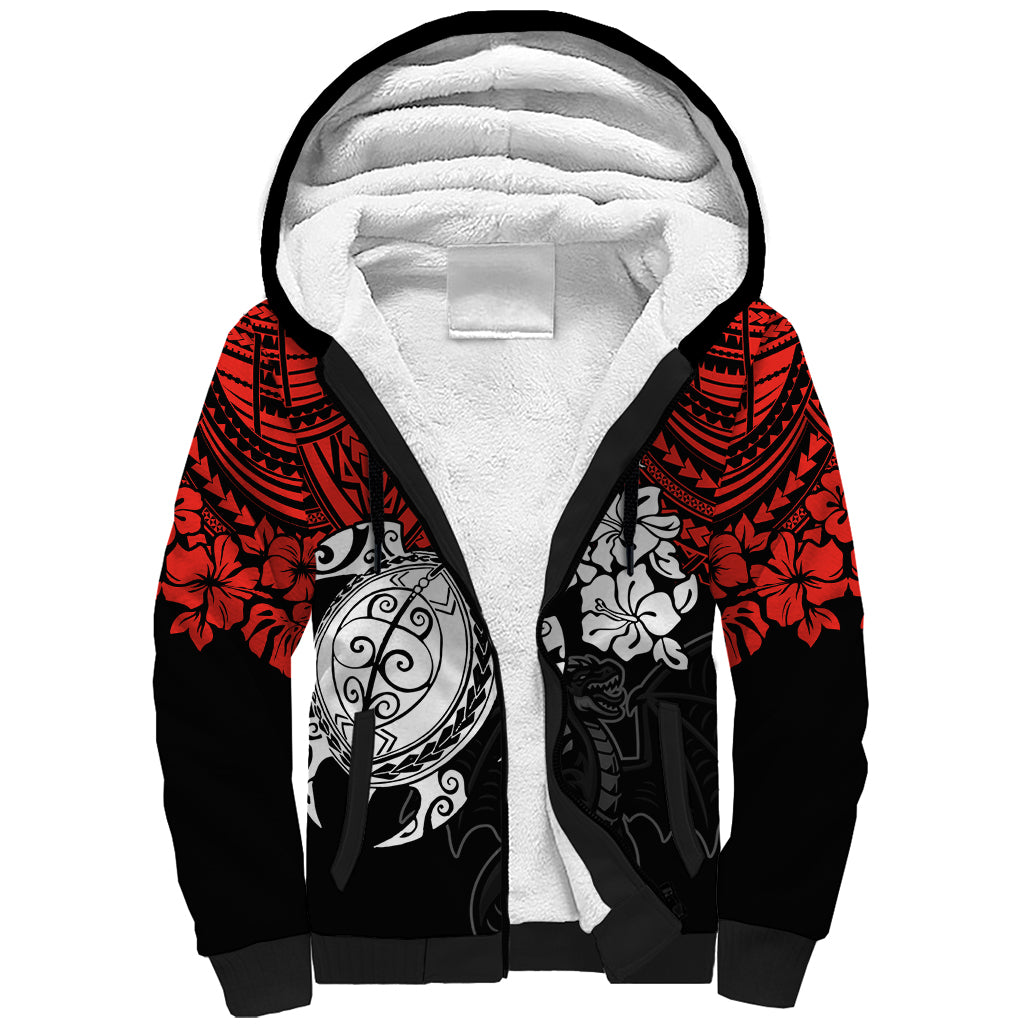 custom-dragons-rugby-sherpa-hoodie-red-v-hibiscus-and-turtle-with-polynesian-pattern