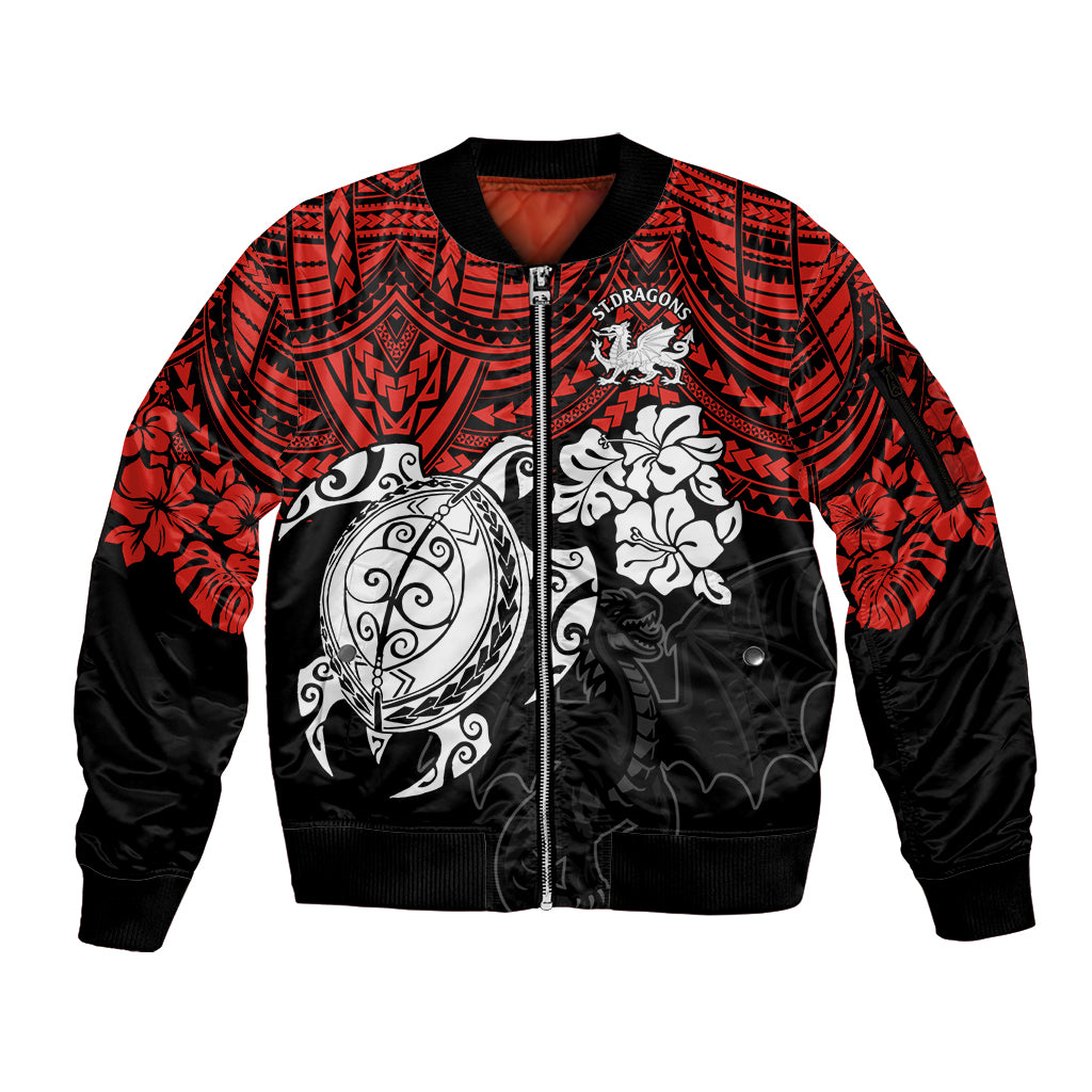 custom-dragons-rugby-sleeve-zip-bomber-jacket-red-v-hibiscus-and-turtle-with-polynesian-pattern