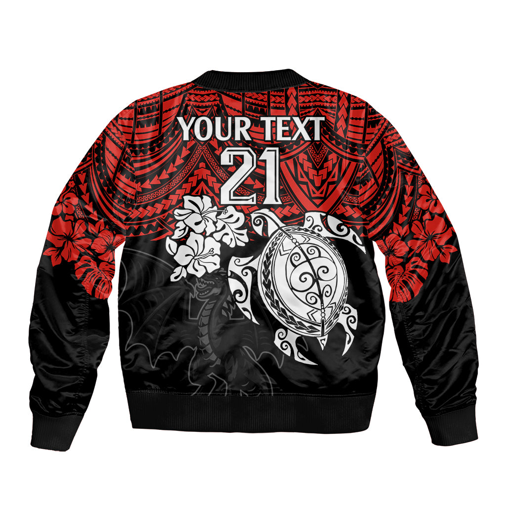 custom-dragons-rugby-sleeve-zip-bomber-jacket-red-v-hibiscus-and-turtle-with-polynesian-pattern
