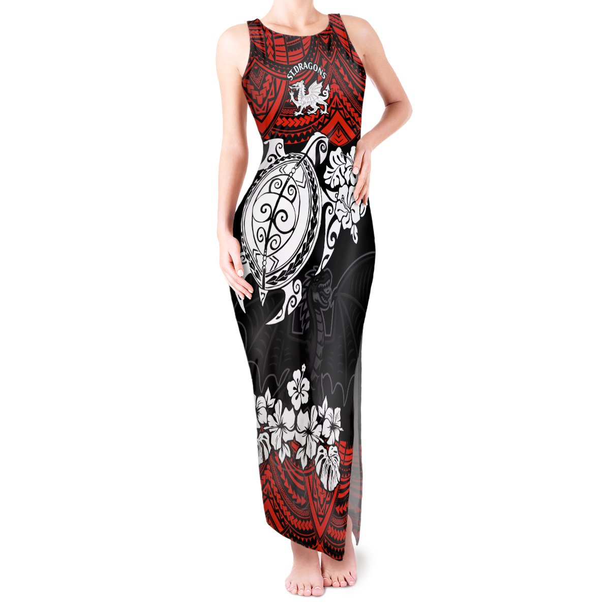 custom-dragons-rugby-tank-maxi-dress-red-v-hibiscus-and-turtle-with-polynesian-pattern
