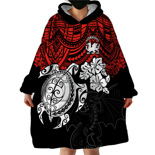 custom-dragons-rugby-wearable-blanket-hoodie-red-v-hibiscus-and-turtle-with-polynesian-pattern