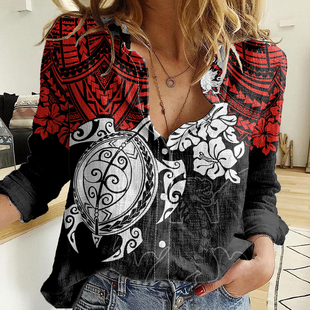 custom-dragons-rugby-women-casual-shirt-red-v-hibiscus-and-turtle-with-polynesian-pattern