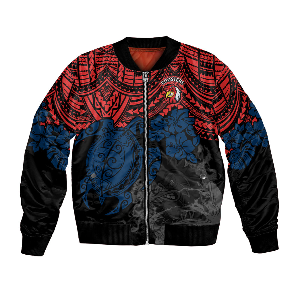 custom-roosters-rugby-bomber-jacket-sydney-hibiscus-and-turtle-with-polynesian-pattern