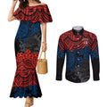 custom-roosters-rugby-couples-matching-mermaid-dress-and-long-sleeve-button-shirt-sydney-hibiscus-and-turtle-with-polynesian-pattern