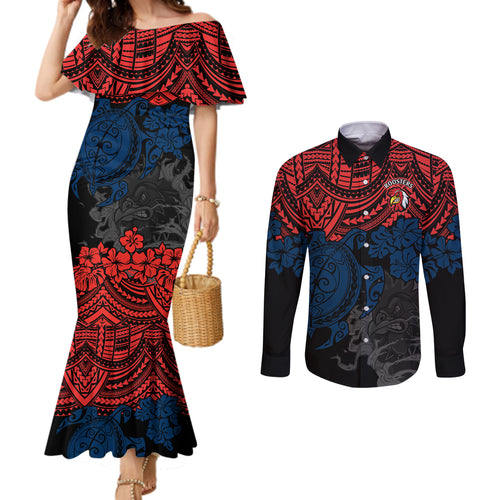custom-roosters-rugby-couples-matching-mermaid-dress-and-long-sleeve-button-shirt-sydney-hibiscus-and-turtle-with-polynesian-pattern