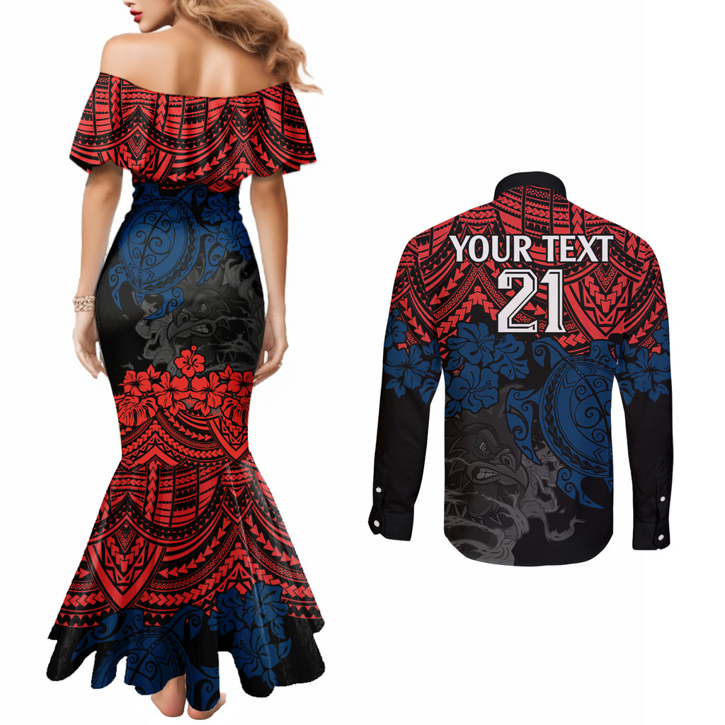 custom-roosters-rugby-couples-matching-mermaid-dress-and-long-sleeve-button-shirt-sydney-hibiscus-and-turtle-with-polynesian-pattern