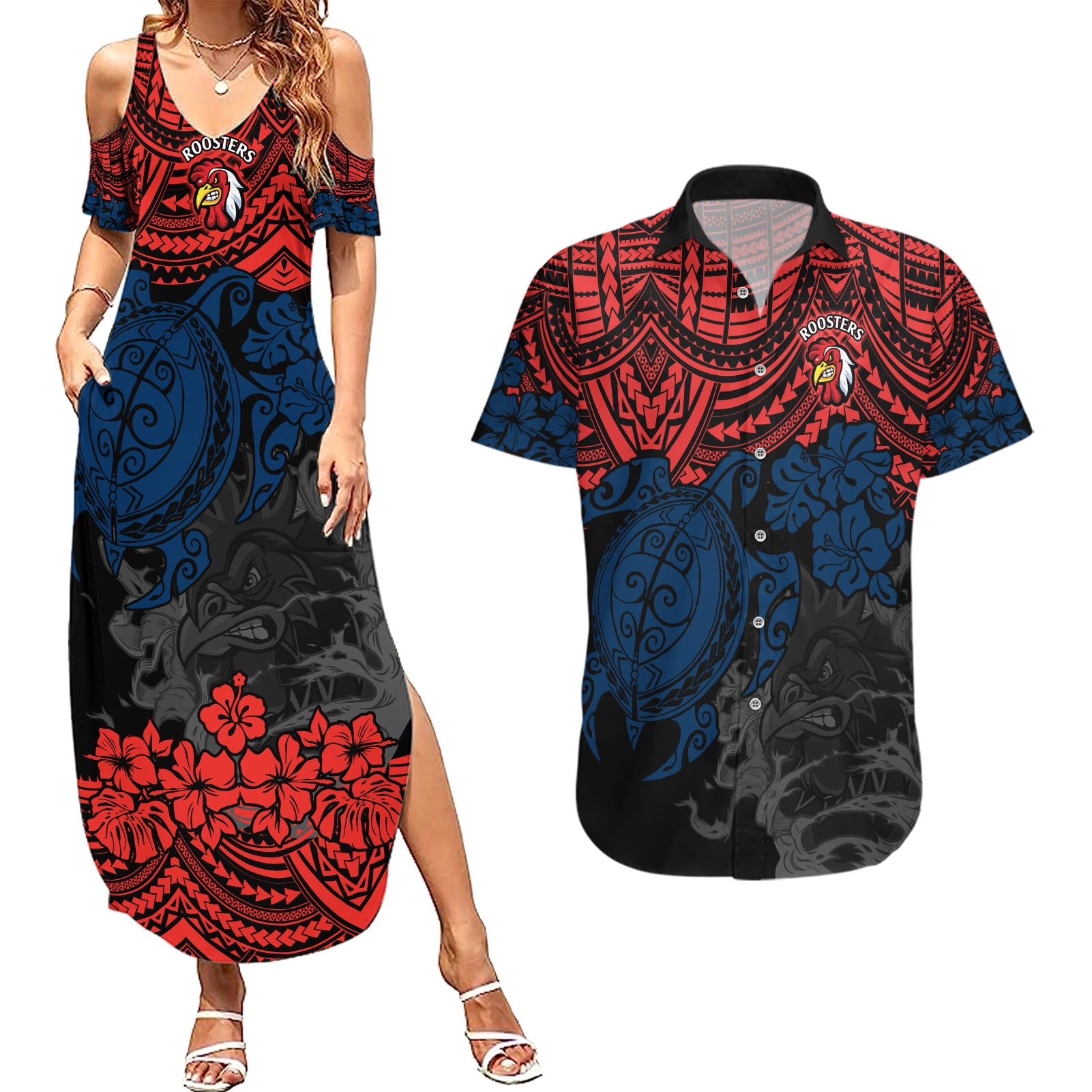 custom-roosters-rugby-couples-matching-summer-maxi-dress-and-hawaiian-shirt-sydney-hibiscus-and-turtle-with-polynesian-pattern