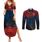 custom-roosters-rugby-couples-matching-summer-maxi-dress-and-long-sleeve-button-shirt-sydney-hibiscus-and-turtle-with-polynesian-pattern