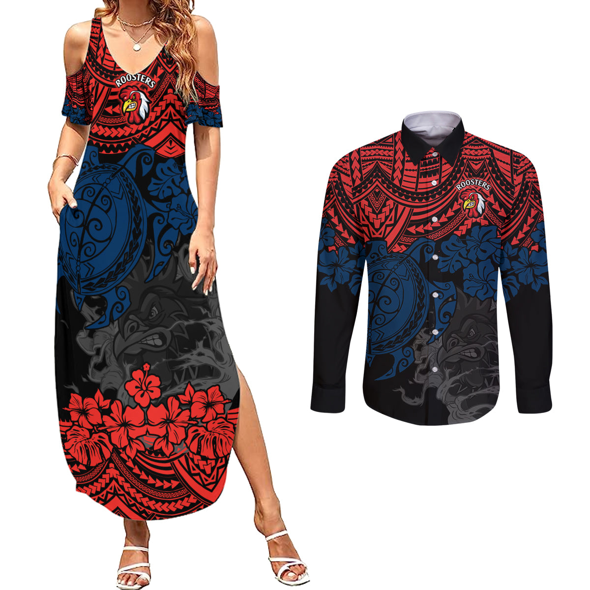 custom-roosters-rugby-couples-matching-summer-maxi-dress-and-long-sleeve-button-shirt-sydney-hibiscus-and-turtle-with-polynesian-pattern