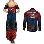 custom-roosters-rugby-couples-matching-summer-maxi-dress-and-long-sleeve-button-shirt-sydney-hibiscus-and-turtle-with-polynesian-pattern