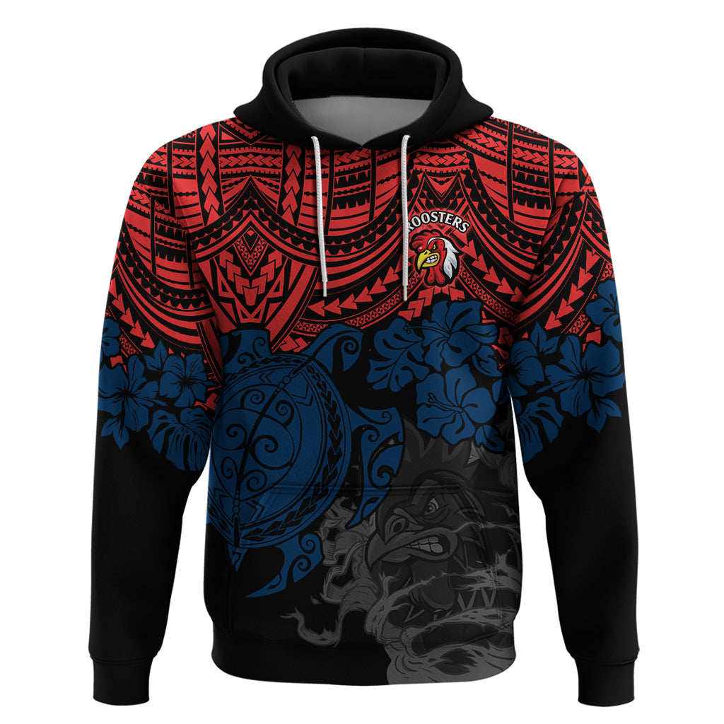 custom-roosters-rugby-hoodie-sydney-hibiscus-and-turtle-with-polynesian-pattern