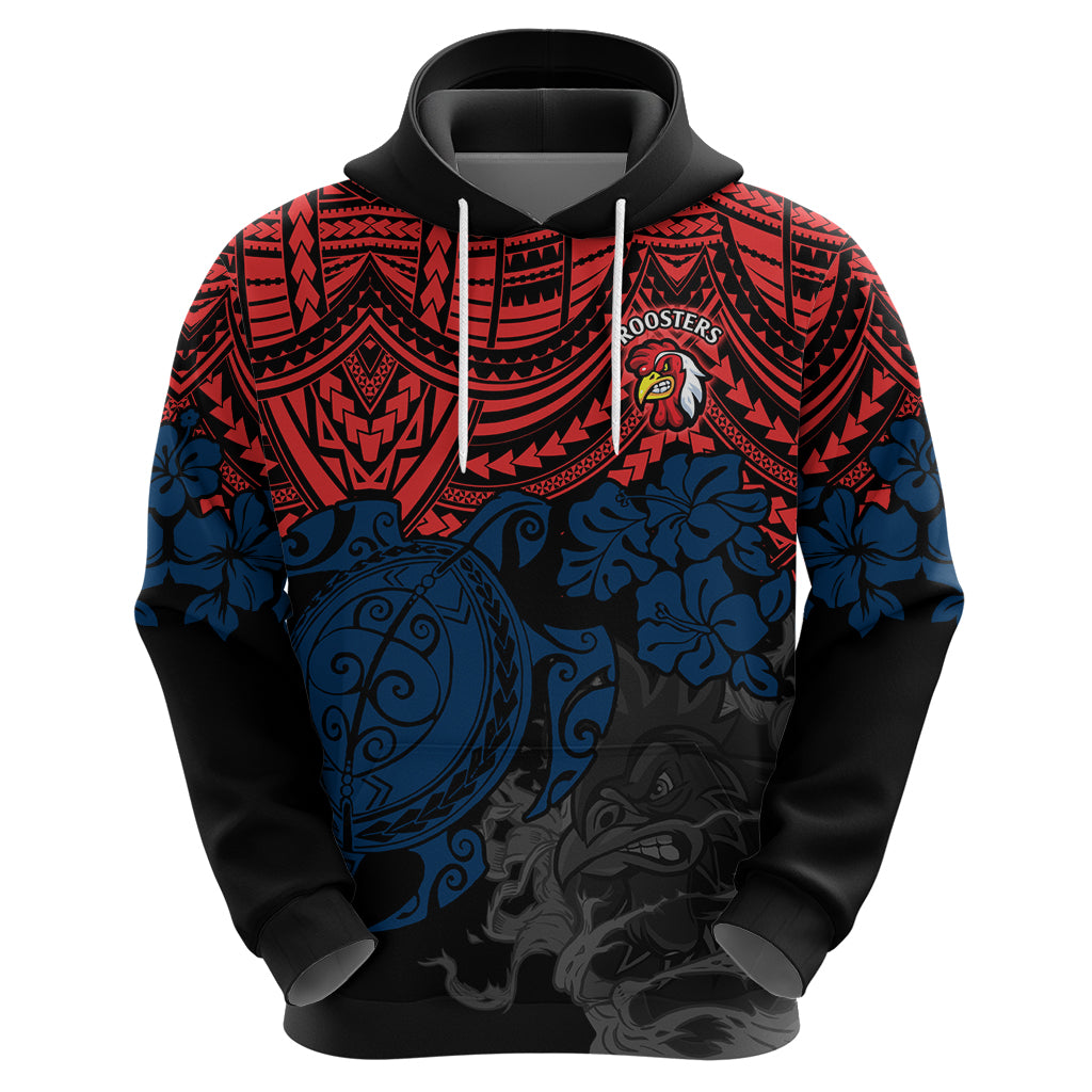 custom-roosters-rugby-hoodie-sydney-hibiscus-and-turtle-with-polynesian-pattern