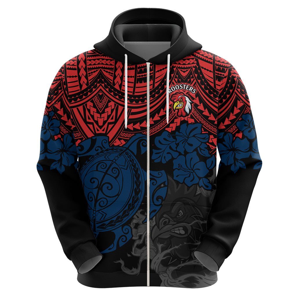 custom-roosters-rugby-hoodie-sydney-hibiscus-and-turtle-with-polynesian-pattern