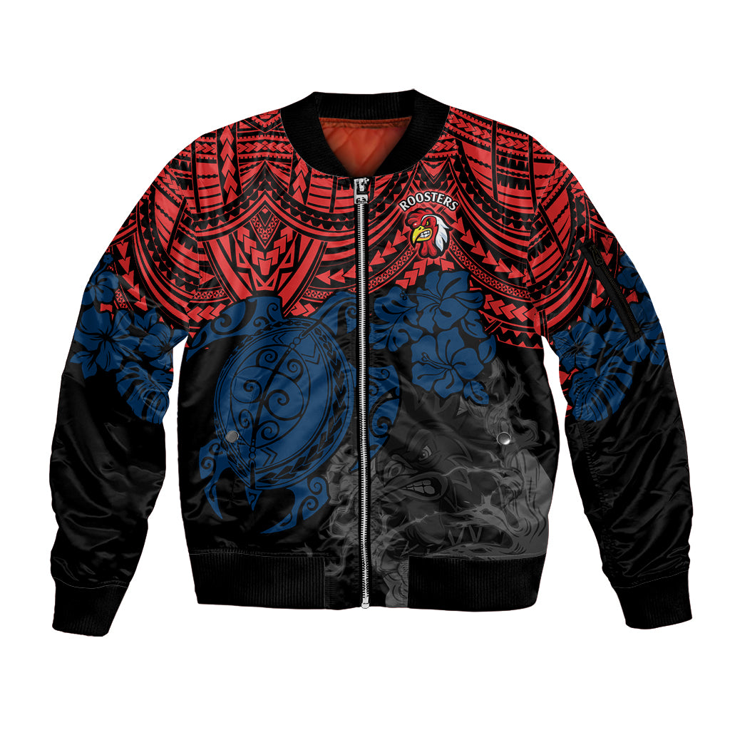 custom-roosters-rugby-sleeve-zip-bomber-jacket-sydney-hibiscus-and-turtle-with-polynesian-pattern