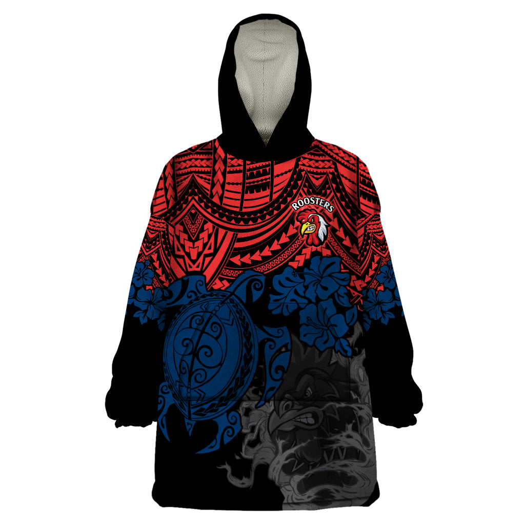 custom-roosters-rugby-wearable-blanket-hoodie-sydney-hibiscus-and-turtle-with-polynesian-pattern