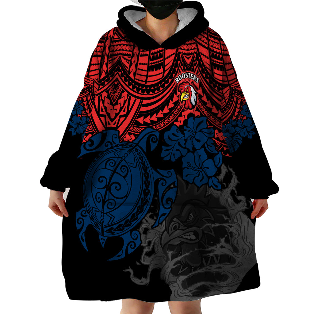 custom-roosters-rugby-wearable-blanket-hoodie-sydney-hibiscus-and-turtle-with-polynesian-pattern