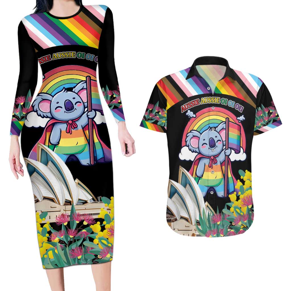 Aussia Pride Month Rainbow Koala Couples Matching Long Sleeve Bodycon Dress and Hawaiian Shirt
