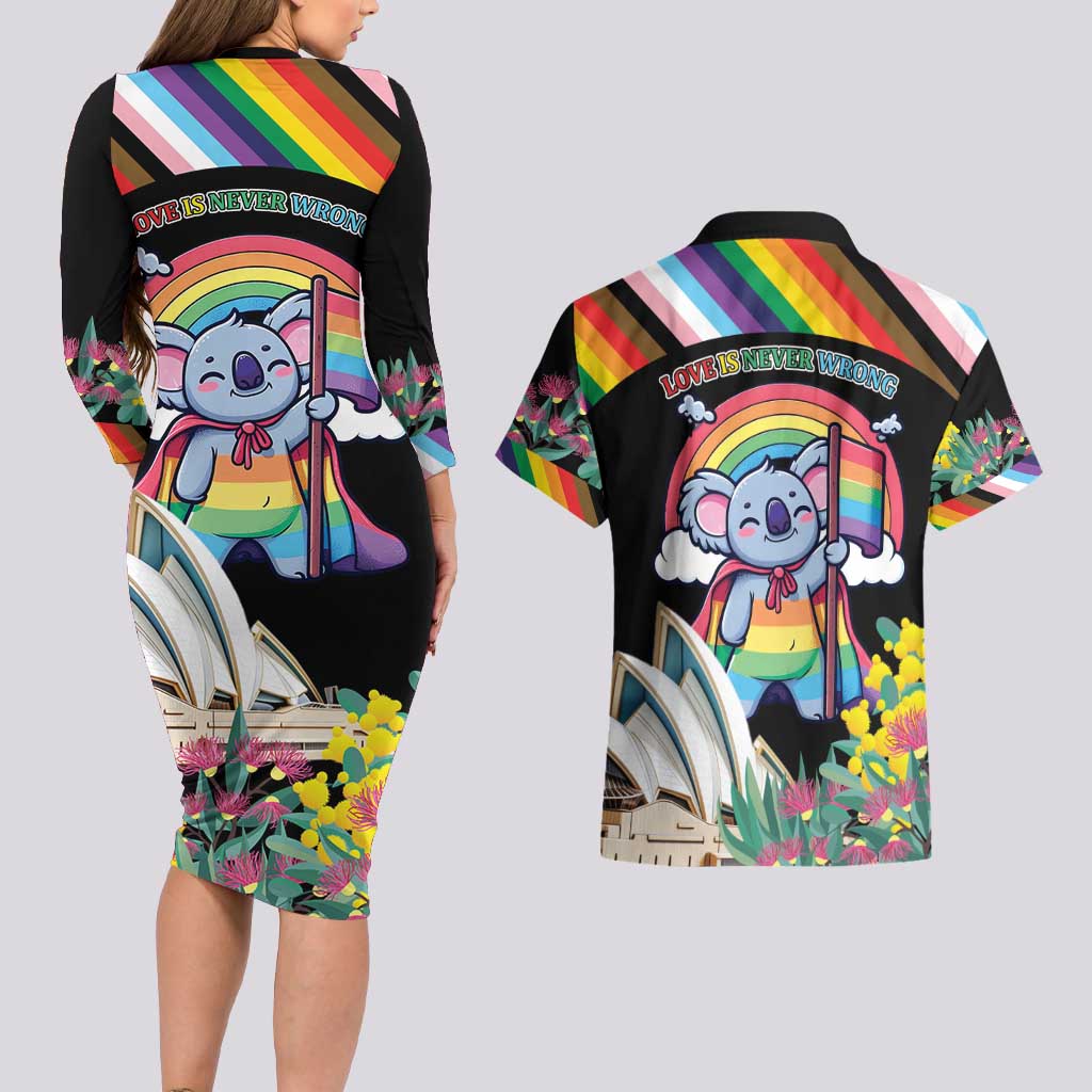 Aussia Pride Month Rainbow Koala Couples Matching Long Sleeve Bodycon Dress and Hawaiian Shirt